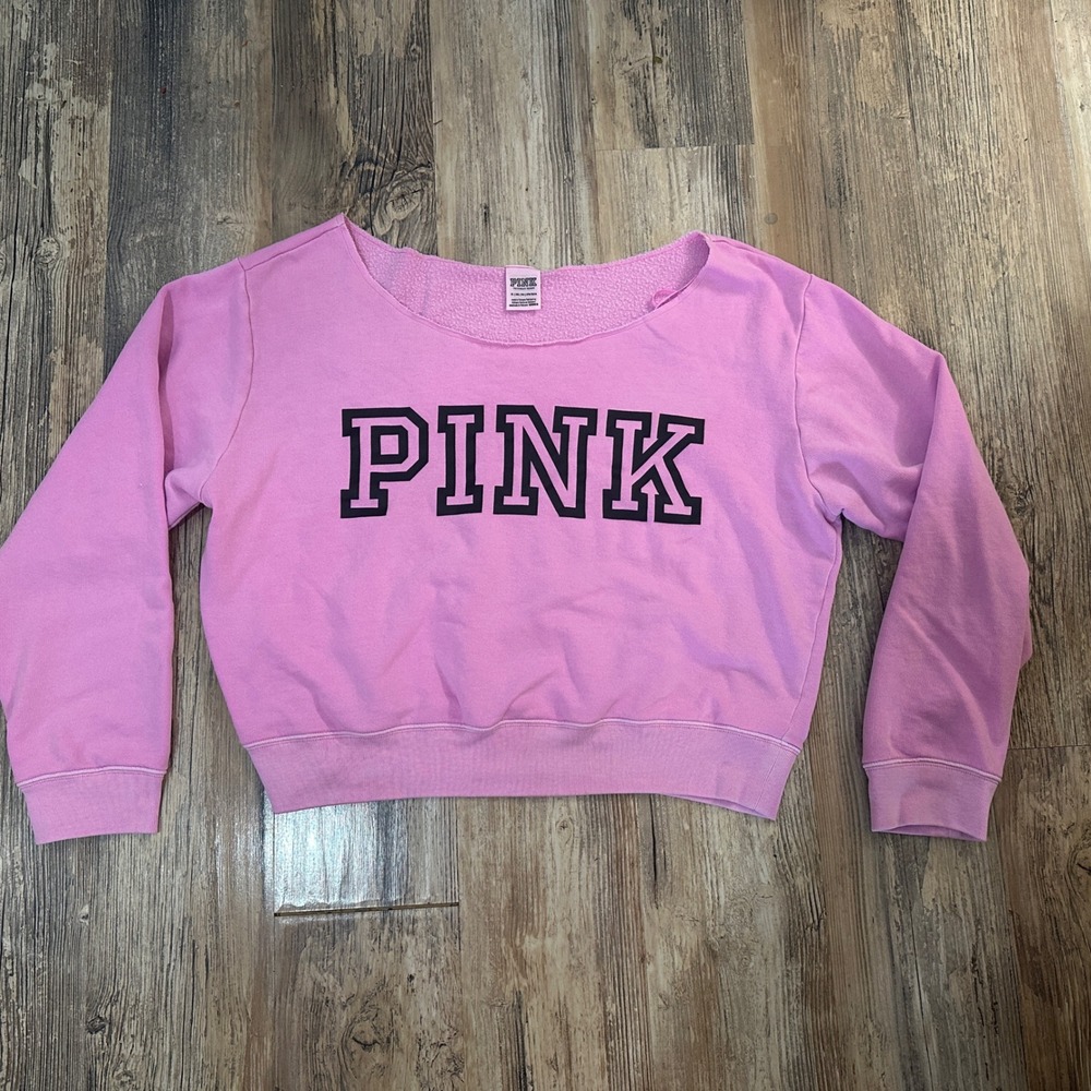 Pink Victoria's Secret Cropped Sweatshirt XL Pink Black Logo Raw Neck Pullover